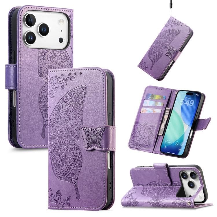 For iPhone 17 Pro Butterfly Love Flower Embossed Leather Phone Case(Lavender) - Immagine 1
