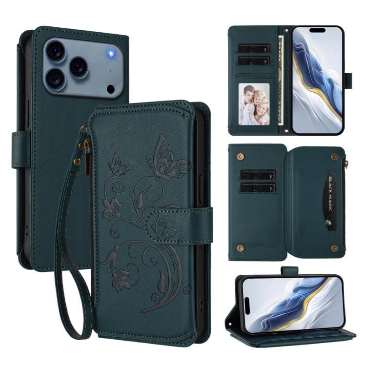 For iPhone 17 Pro Butterfly Love Flower Multi-card Zipper Wallet Leather Phone Case(Dark Green) - Immagine 1