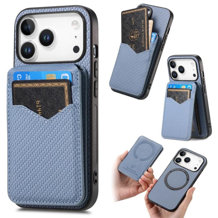 For iPhone 17 Pro Carbon Fiber MagSafe Vertical Flip Card Bag Phone Case(Blue) - Immagine 1