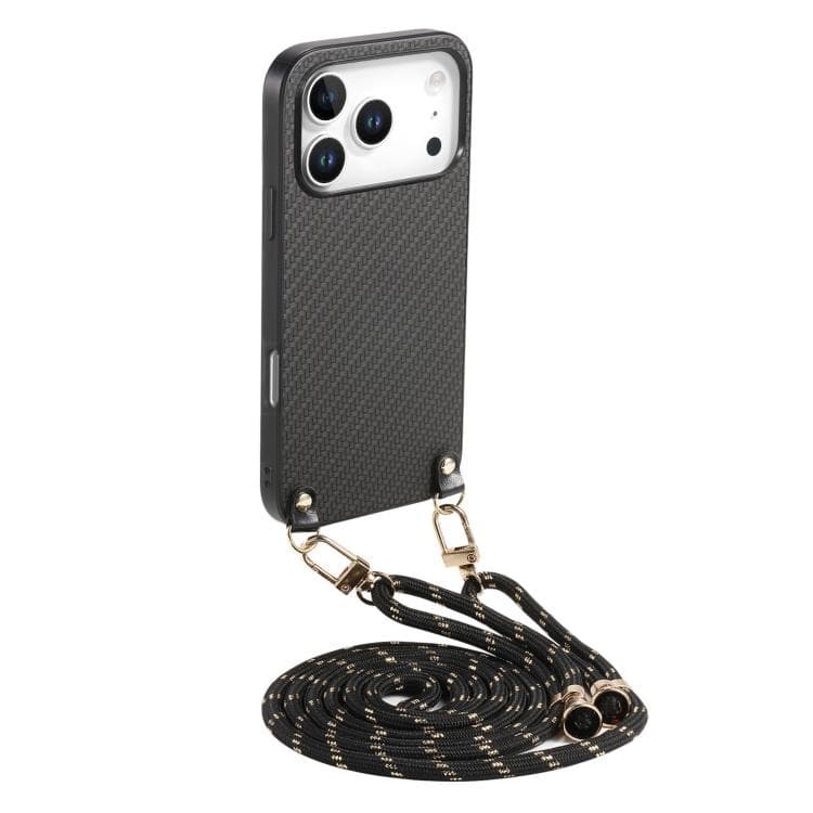 For iPhone 17 Pro Carbon Fiber Texture Leather Back Phone Case with Crossbody Strap(Black) - Immagine 1