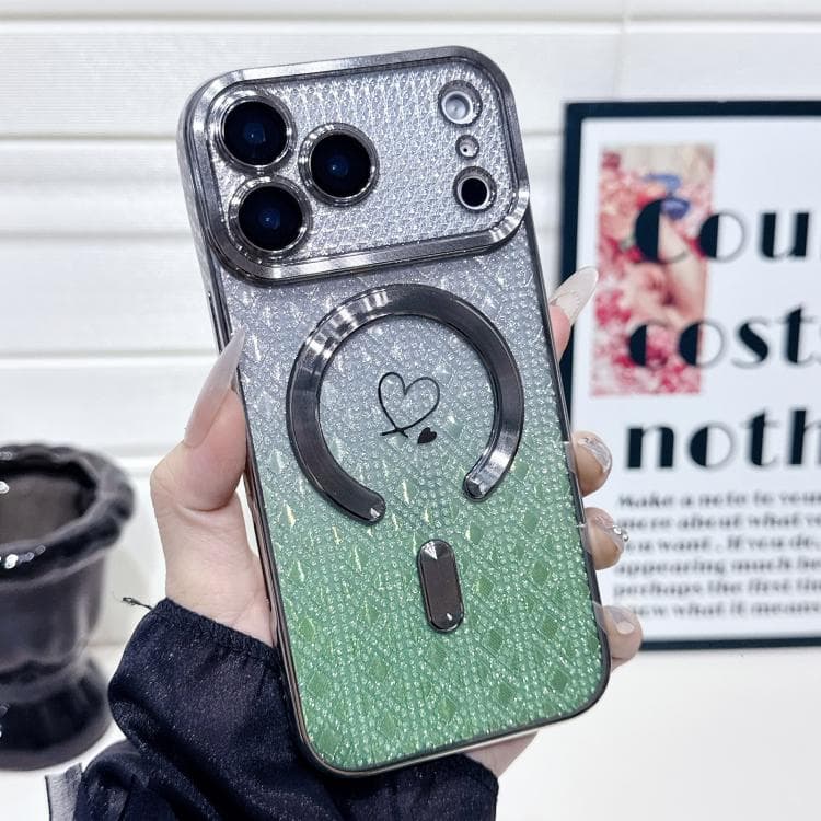For iPhone 17 Pro Carbon Fiber Texture Loves Leaves Gradient MagSafe TPU Phone Case(Green) - Immagine 1