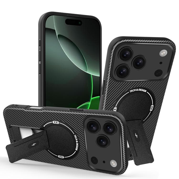 For iPhone 17 Pro Carbon Fiber Texture MagSafe Phone Case with Holder(Black) - Immagine 1