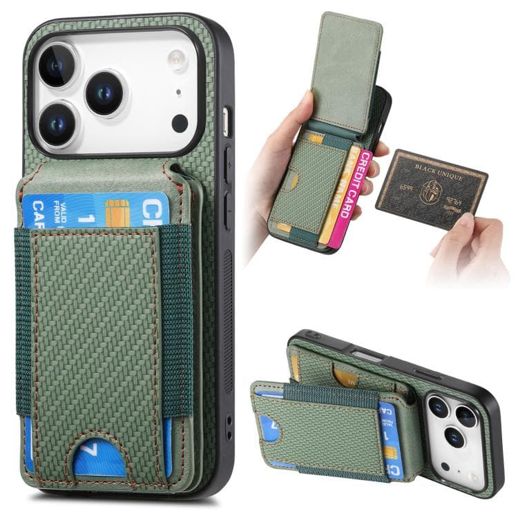 For iPhone 17 Pro Carbon Fiber Vertical Flip Wallet Stand Phone Case(Green) - Immagine 1