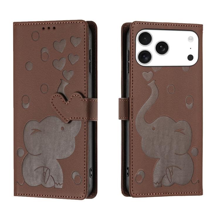 For iPhone 17 Pro Cartoon Elephant Embossed Leather Phone Case(Brown) - Immagine 1