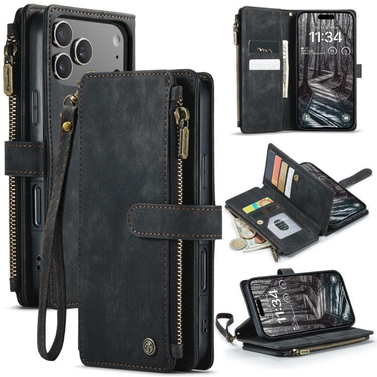 For iPhone 17 Pro CaseMe C30 Card Slots Zipper Wallet Leather Phone Case(Black) - Immagine 1
