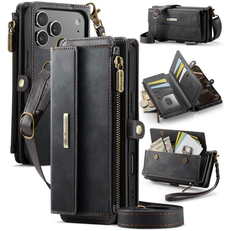 For iPhone 17 Pro CaseMe C39 RFID Blocking Zipper Wallet Leather Phone Case with Crossbody Strap(Black) - Immagine 1