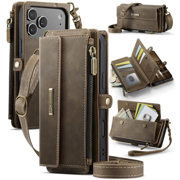 For iPhone 17 Pro CaseMe C39 RFID Blocking Zipper Wallet Leather Phone Case with Crossbody Strap(Coffee) - Immagine 1
