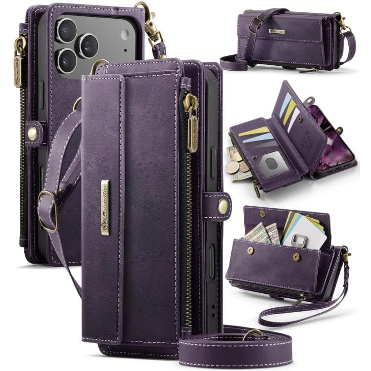 For iPhone 17 Pro CaseMe C39 RFID Blocking Zipper Wallet Leather Phone Case with Crossbody Strap(Purple) - Immagine 1