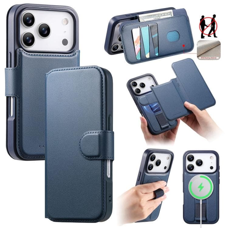 For iPhone 17 Pro CaseNeo Finger Grip Strap MagSafe Leather Phone Case(Blue) - Immagine 1
