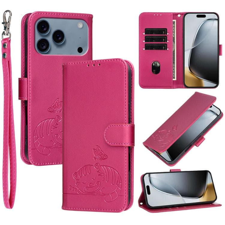 For iPhone 17 Pro Cat Butterfly Embossed RFID Vegan Leather Phone Case with Strap(Rose Red) - Immagine 1