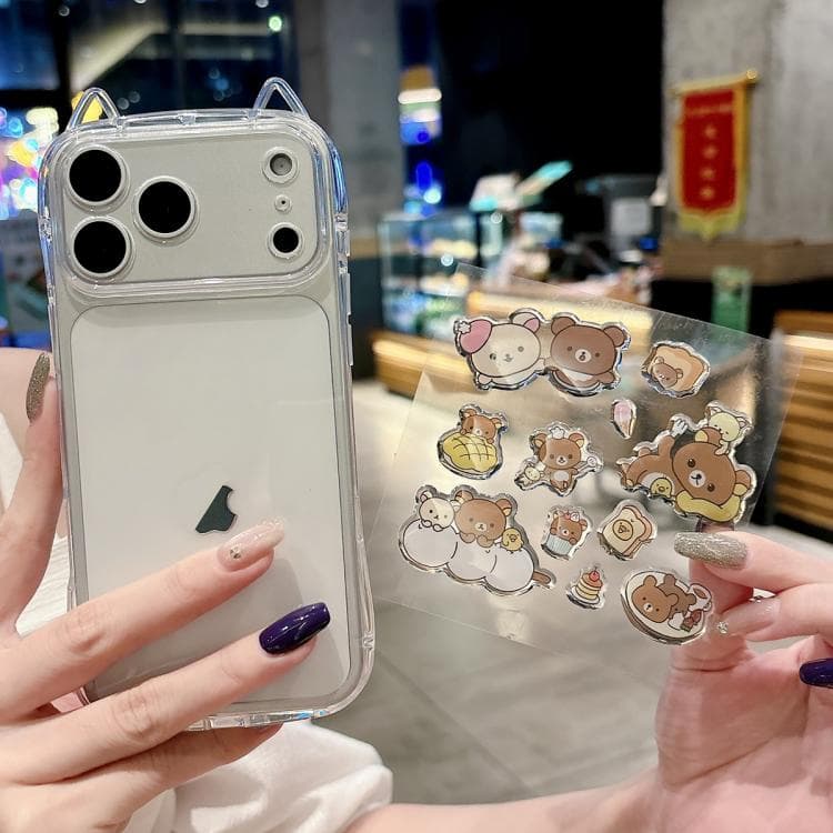 For iPhone 17 Pro Cat-Ear Style Transparent PC Phone Case with Resin Sticker(Bread Brown Bear) - Immagine 1
