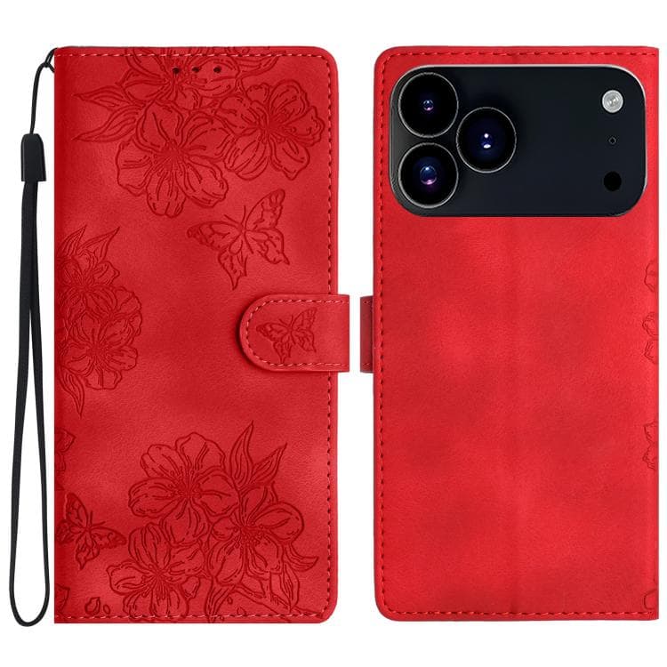For iPhone 17 Pro Cherry Blossom Butterfly Skin Feel Embossed PU Phone Case(Red) - Immagine 1