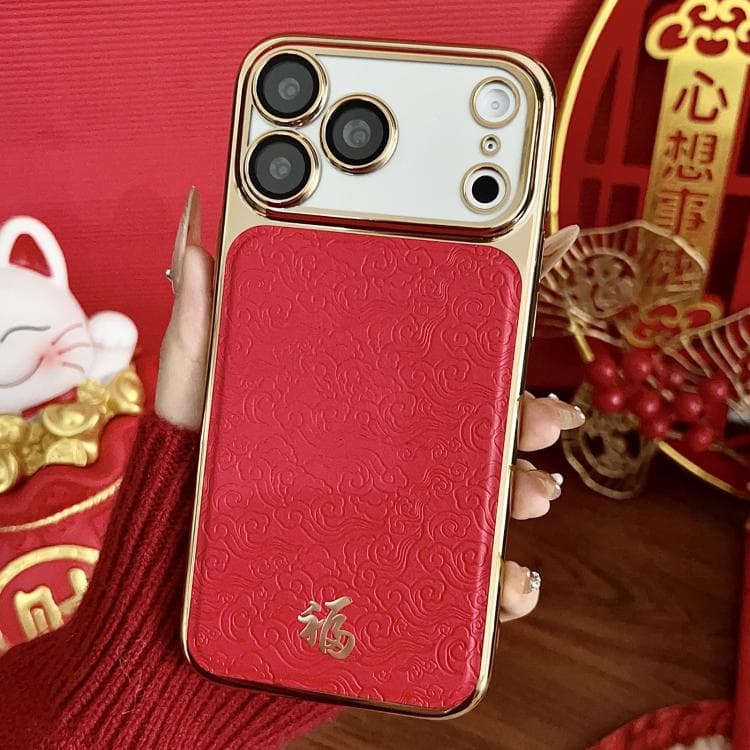 For iPhone 17 Pro Chinese Ancient Style Fu Electroplated Phone Case with Lens Film(Red) - Immagine 1