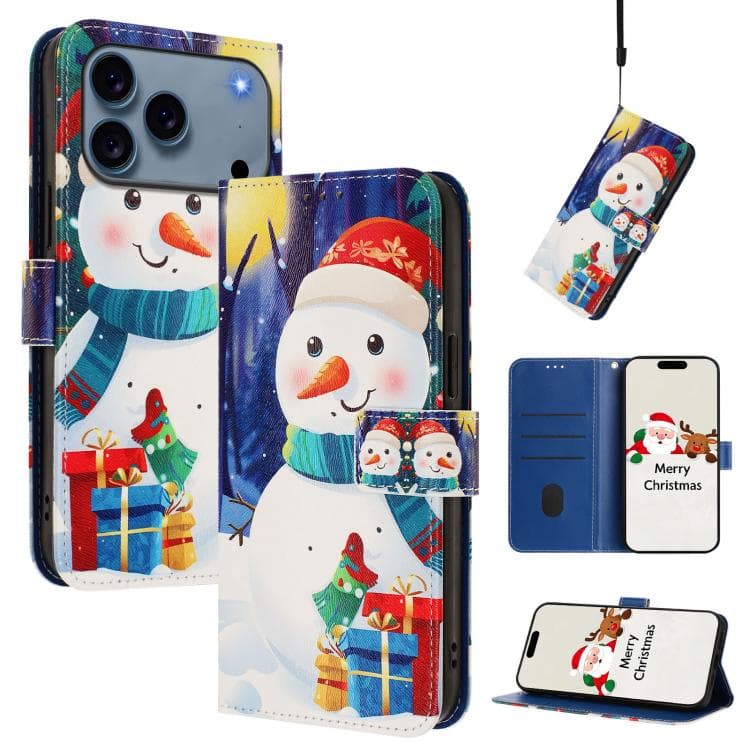 For iPhone 17 Pro Christmas Series Buckle Leather Phone Case with Hand Strap(Gift Box Snowman) - Immagine 1