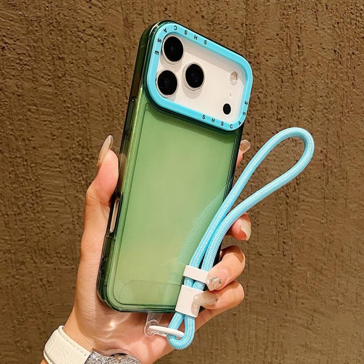 For iPhone 17 Pro Color Contrast Lens Frame Transparent TPU Phone Case with Lanyard(Green+Sky Blue) - Immagine 1