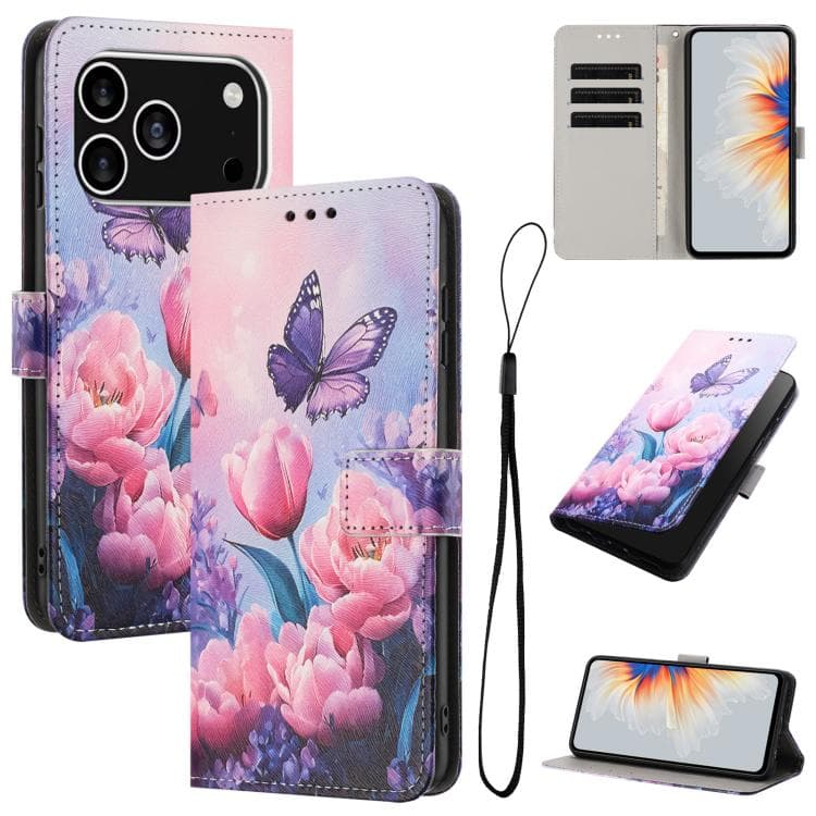 For iPhone 17 Pro Color Drawing Pattern Leather Phone Case(Pink Butterfly) - Immagine 1