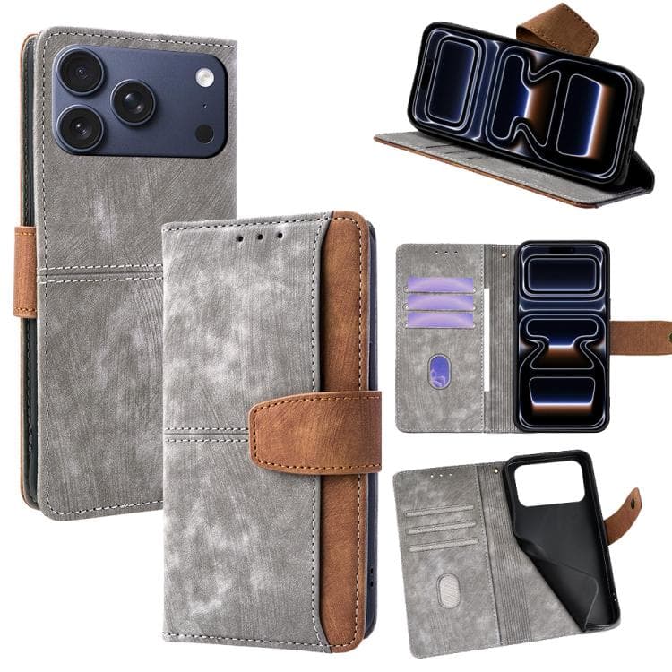 For iPhone 17 Pro Color Stitching Skin Feel Leather RFID Blocking Phone Case(Grey) - Immagine 1