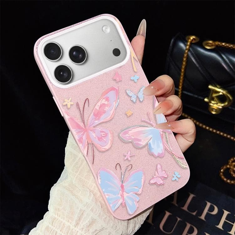 For iPhone 17 Pro Colorful Butterflies Pattern IMD Glitter PC Hybrid TPU Phone Case(Pink) - Immagine 1