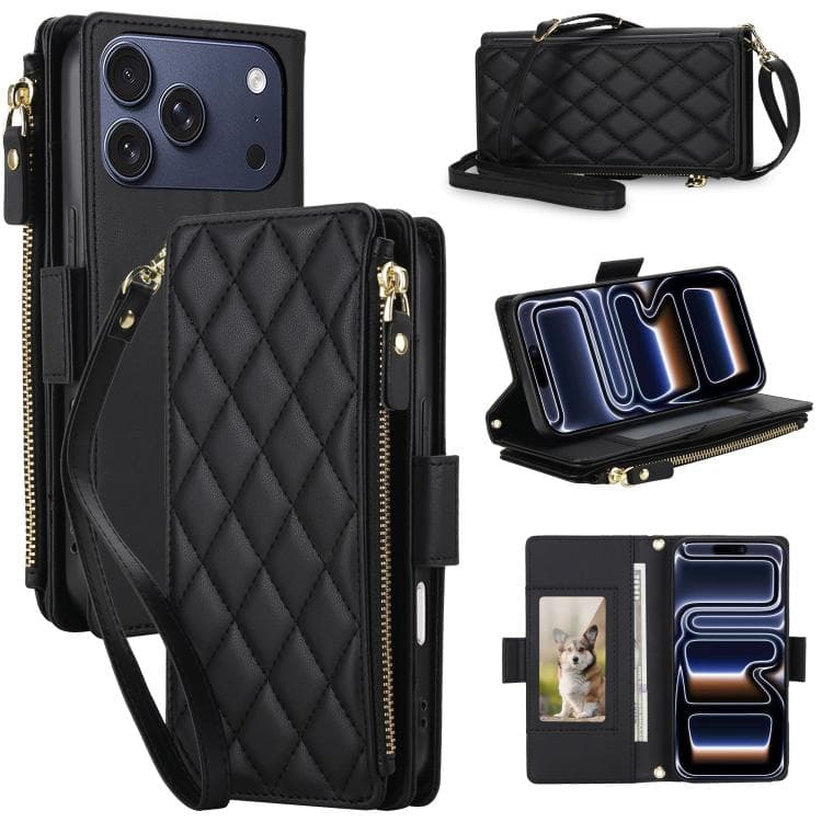 For iPhone 17 Pro Crossbody Diamond 9 Card Slots Zipper Bag Vegan Leather Phone Case(Black) - Immagine 1