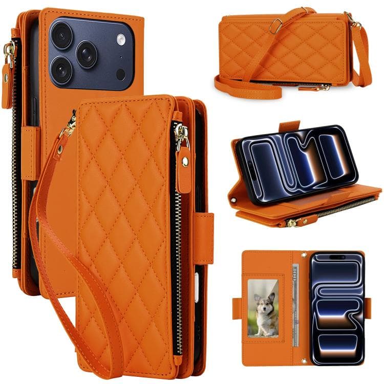 For iPhone 17 Pro Crossbody Diamond 9 Card Slots Zipper Bag Vegan Leather Phone Case(Orange) - Immagine 1