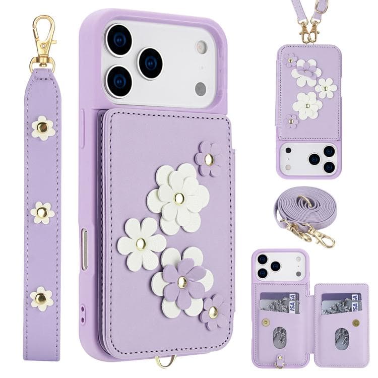 For iPhone 17 Pro Crossbody Flower Pattern Leather Phone Case(Purple) - Immagine 1