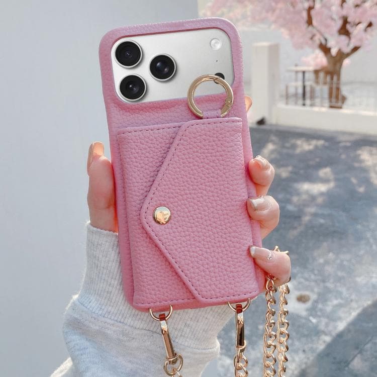 For iPhone 17 Pro Crossbody Mirror Wallet Litchi Vegan Leather Back Phone Case(Pink) - Immagine 1