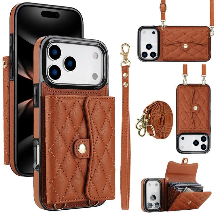 Portafoglio in pelle a forma di rombo orizzontale per iPhone 17 Pro con tracolla (Marrone) - Immagine 1