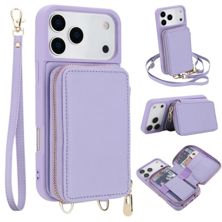 For iPhone 17 Pro Crossbody Zipper RFID Card Bag Phone Case(Light Purple) - Immagine 1