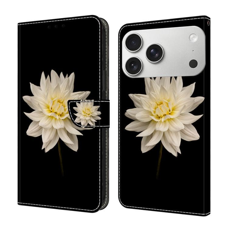 For iPhone 17 Pro Crystal-Like Painted Vegan Leather Phone Case(Black Background White Flowers) - Immagine 1