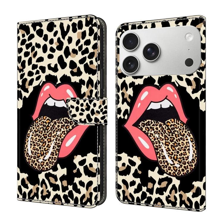 Per iPhone 17 Pro Custodia in Pelle Vegana Dipinta Effetto Cristallo (Lingua a Motivo Leopardo) - Immagine 1