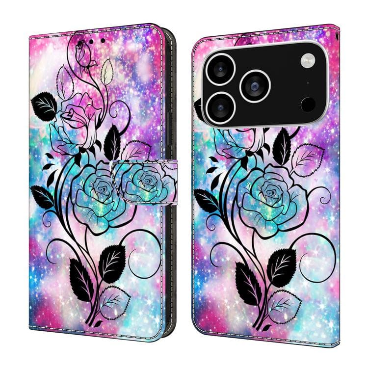 For iPhone 17 Pro Crystal-Like Painted Vegan Leather Phone Case(Pen Drawing Rose) - Immagine 1