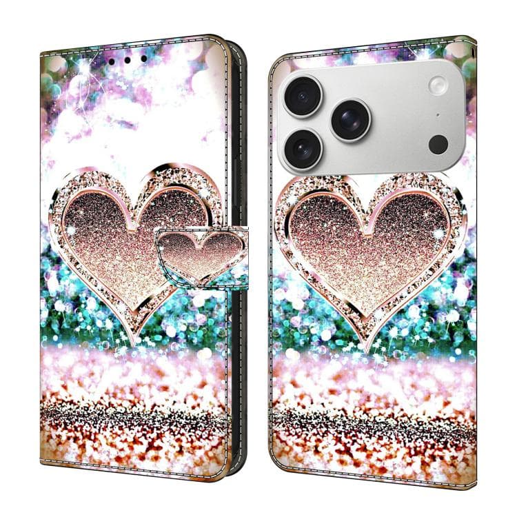 For iPhone 17 Pro Crystal-Like Painted Vegan Leather Phone Case(Pink Diamond Heart Peach) - Immagine 1