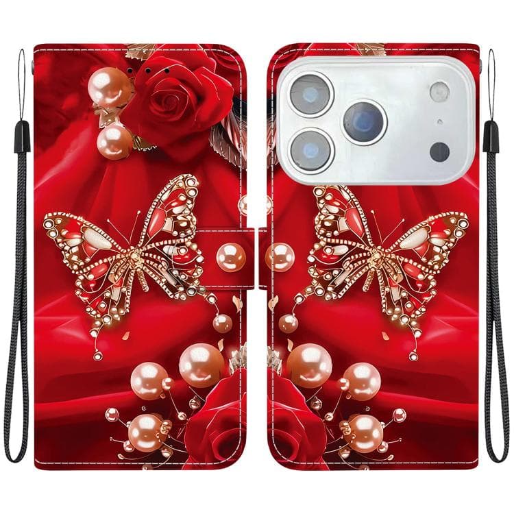 For iPhone 17 Pro Crystal Texture Colored Drawing Leather Phone Case(Pearl Butterfly Rose) - Immagine 1