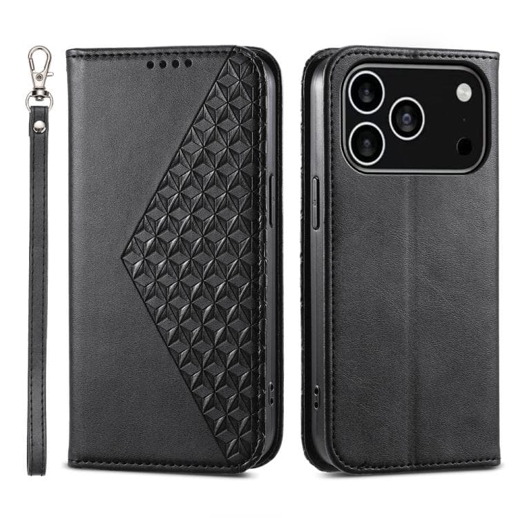 Per iPhone 17 Pro Custodia in Pelle Magnetica con Texture a Griglia Cubica e Chiusura Magnetica Nascosta (Nero) - Immagine 1