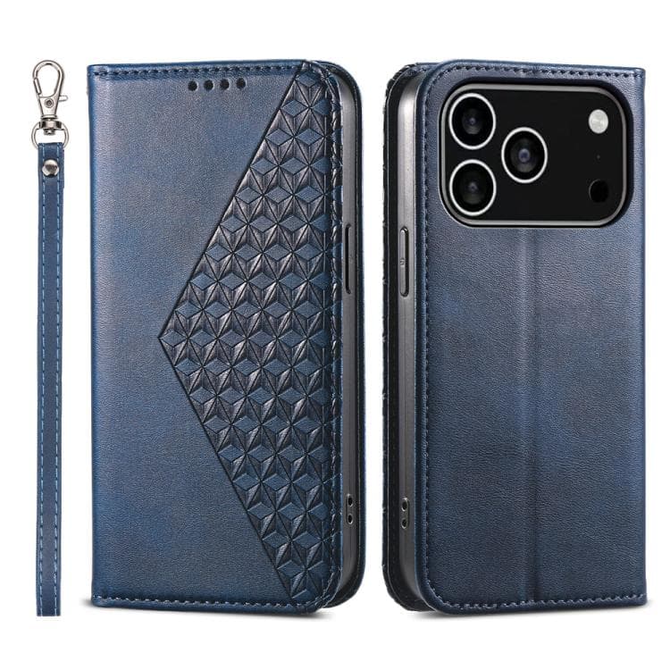 Custodia in pelle magnetica con texture a griglia cubica per iPhone 17 Pro (Blu) - Immagine 1