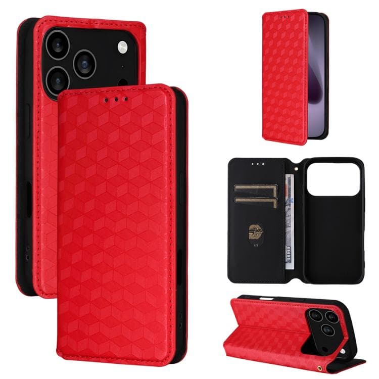 For iPhone 17 Pro Cubic Grid Texture Flip Leather Phone Case(Red) - Immagine 1