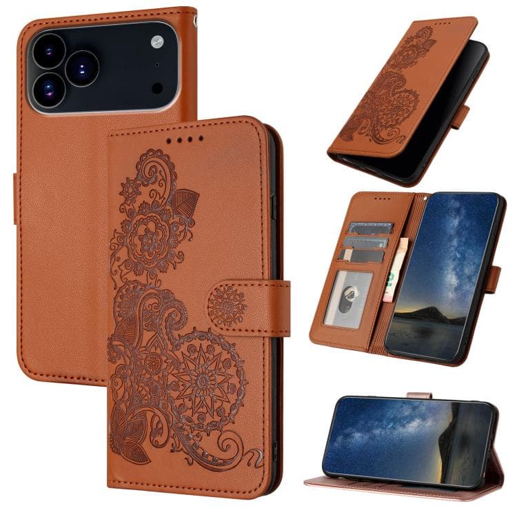 For iPhone 17 Pro Datura Flower Embossed Flip Leather Phone Case(Brown) - Immagine 1