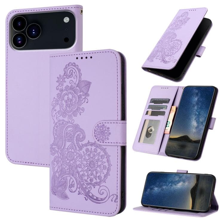 For iPhone 17 Pro Datura Flower Embossed Flip Leather Phone Case(Purple) - Immagine 1