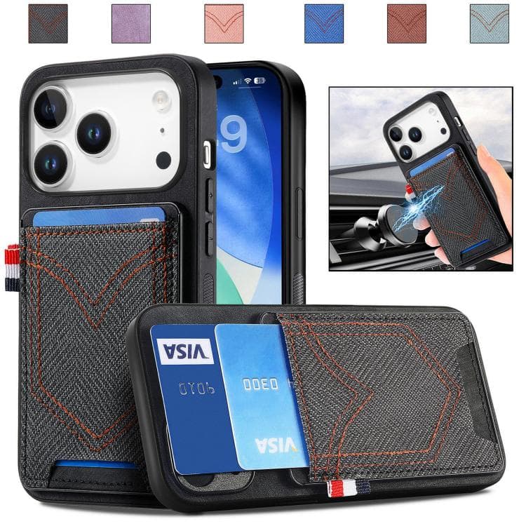 For iPhone 17 Pro Denim Texture Leather Skin Phone Case with Card Slot(Black) - Immagine 1