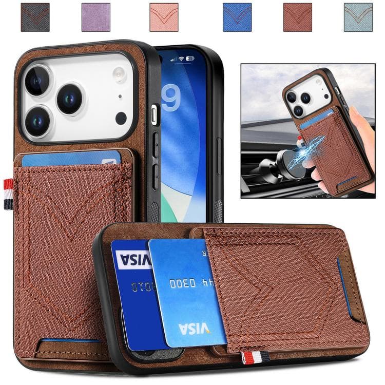 For iPhone 17 Pro Denim Texture Leather Skin Phone Case with Card Slot(Brown) - Immagine 1