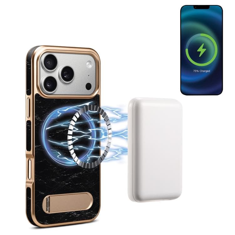 For iPhone 17 Pro Denior A25 MagSafe Genuine Leather Phone Case with Holder(Black) - Immagine 1