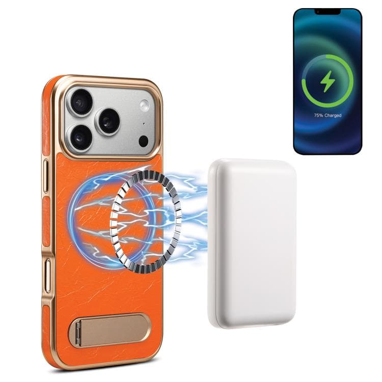 For iPhone 17 Pro Denior A25 MagSafe Genuine Leather Phone Case with Holder(Orange) - Immagine 1