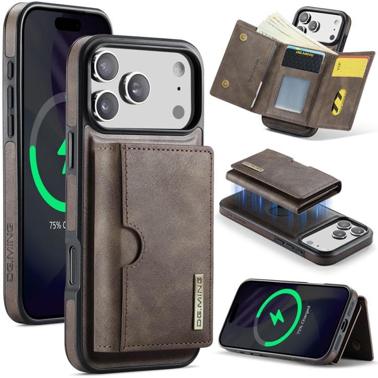 For iPhone 17 Pro DG.MING M6 Series RFID Tri-fold Card Bag Removable Leather Phone Case(Coffee) - Immagine 1