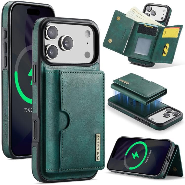 For iPhone 17 Pro DG.MING M6 Series RFID Tri-fold Card Bag Removable Leather Phone Case(Green) - Immagine 1