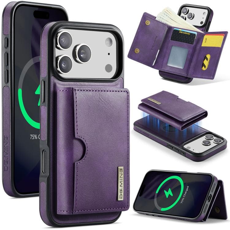 For iPhone 17 Pro DG.MING M6 Series RFID Tri-fold Card Bag Removable Leather Phone Case(Purple) - Immagine 1