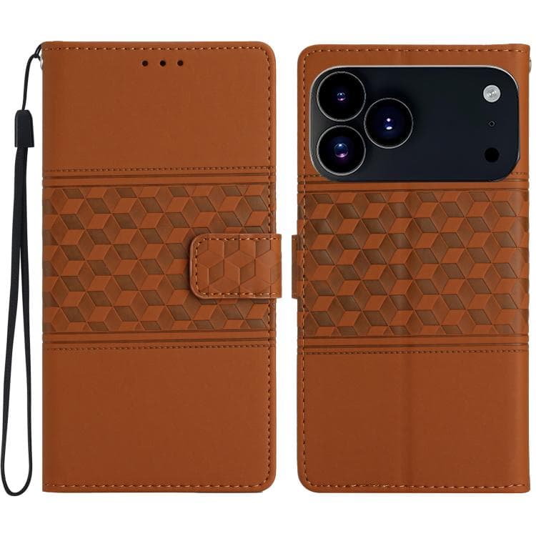 Custodia in pelle effetto pelle goffrata a diamante per iPhone 17 Pro (Marrone) - Immagine 1