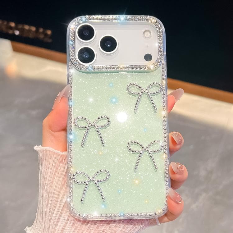 For iPhone 17 Pro Diamond Glitter Bow-knot Four-Corner Shockproof Phone Case(Light Green) - Immagine 1