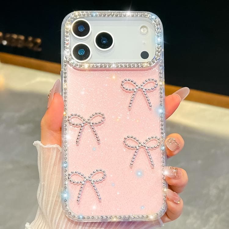 For iPhone 17 Pro Diamond Glitter Bow-knot Four-Corner Shockproof Phone Case(Light Pink) - Immagine 1