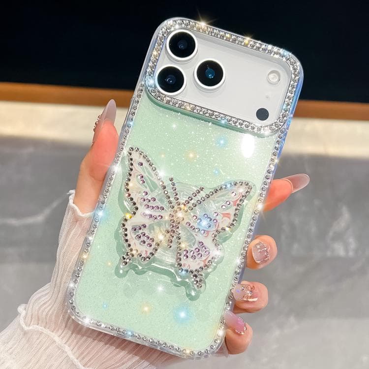 For iPhone 17 Pro Diamond Glitter Butterfly Holder Phone Case(Light Green) - Immagine 1