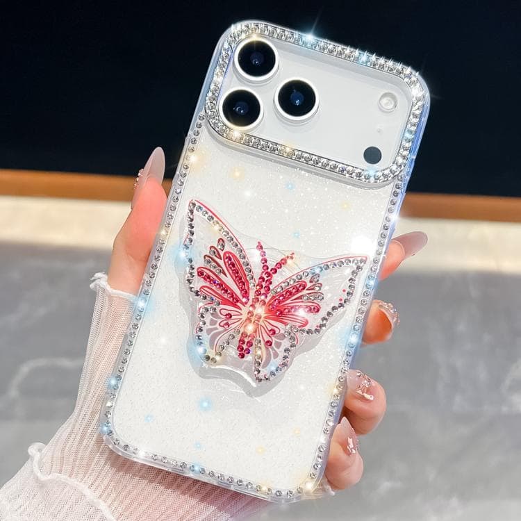 For iPhone 17 Pro Diamond Glitter Butterfly Holder Phone Case(White) - Immagine 1